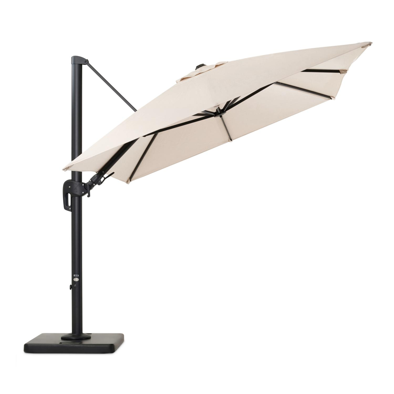 Rufina zweefparasol met tiltfunctie in zwart aluminium met beige all weather sunbrella® premium parasoldoek - L1: 250 x L2: 350 cm (met voet)