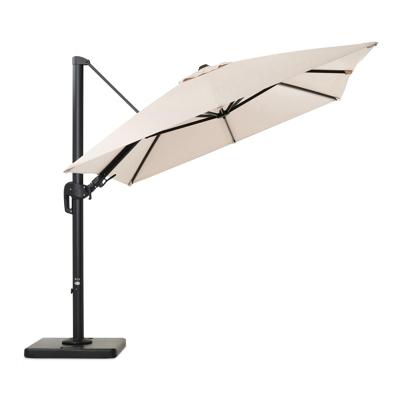 Rufina zweefparasol met tiltfunctie in zwart aluminium met beige all weather sunbrella® premium parasoldoek - L1: 250 x L2: 350 cm (met voet)