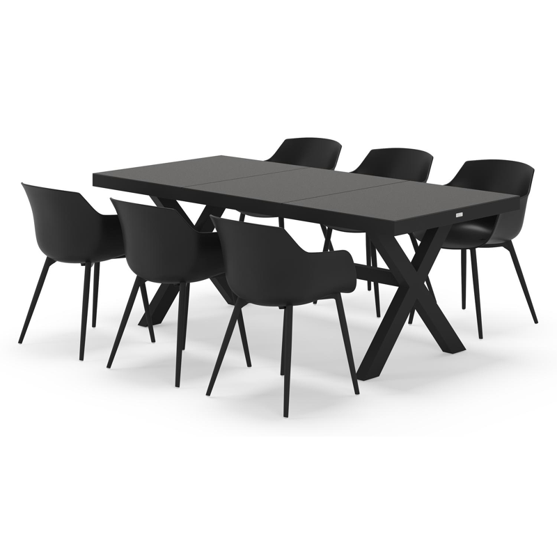 Bahia tuinset rechthoekig in zwart aluminium en sintered stone zwart met 6 Paco tuinstoelen