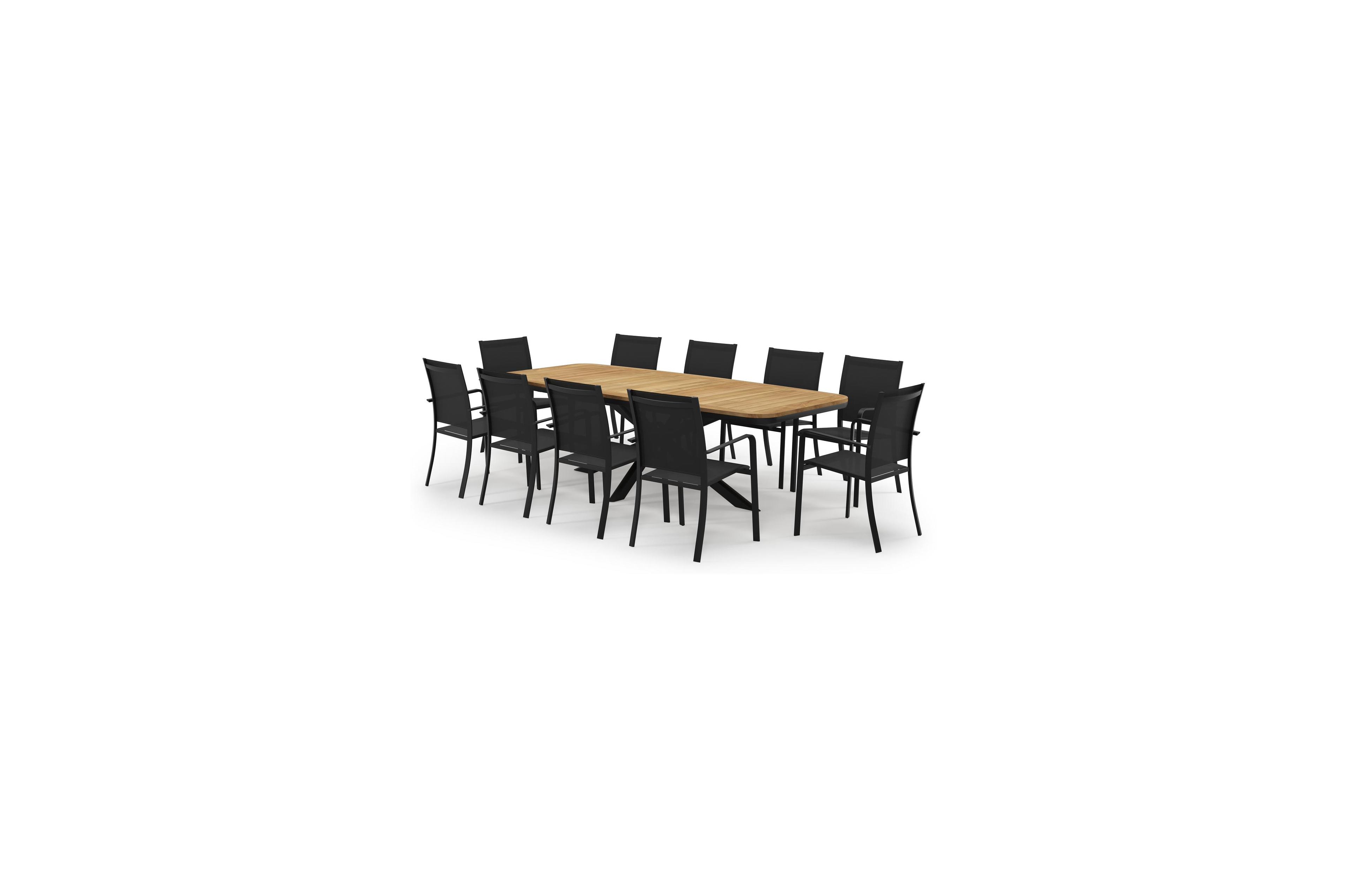 Pamplona bootvormige tuinset in zwart aluminium en teak natural finish met 10 Calobra tuinstoelen