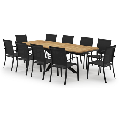 Pamplona bootvormige tuinset in zwart aluminium en teak natural finish met 10 Calobra tuinstoelen