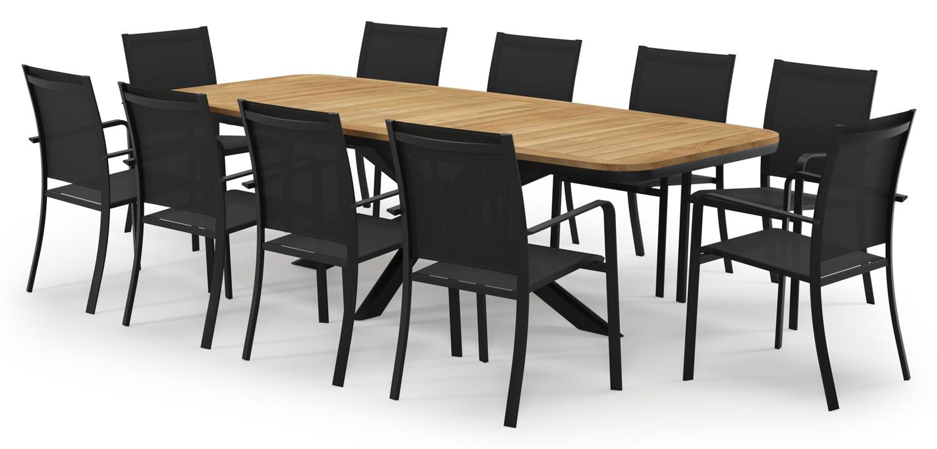 Pamplona bootvormige tuinset in zwart aluminium en teak natural finish met 10 Calobra tuinstoelen