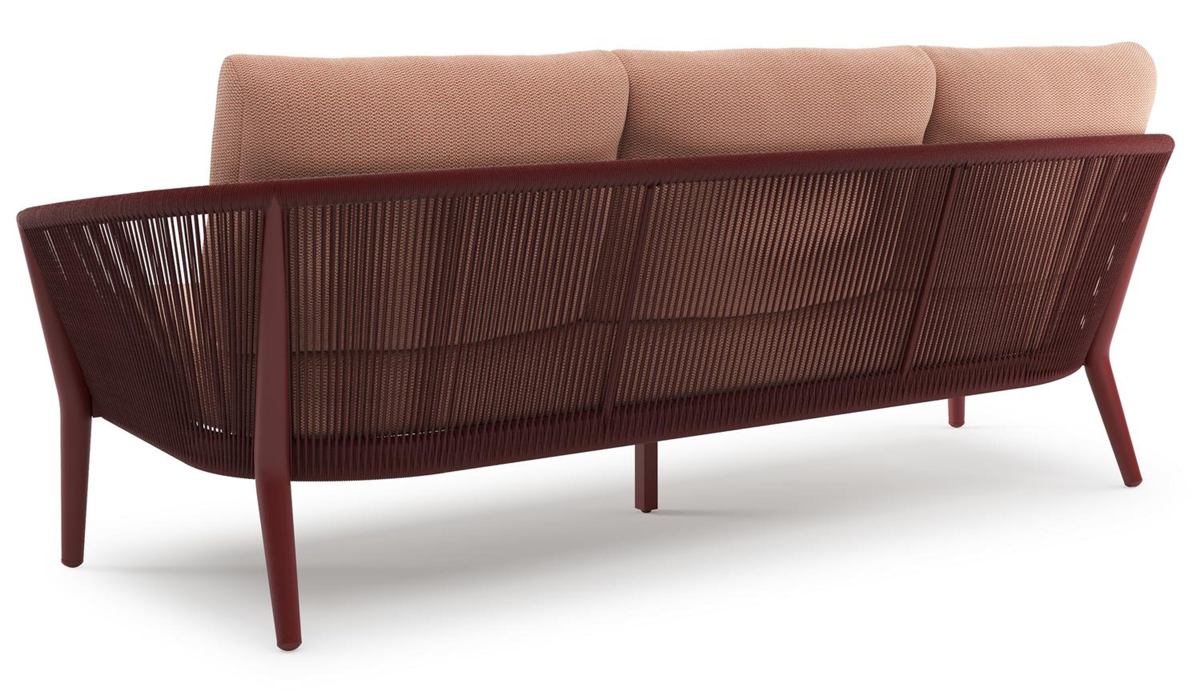 Orso loungebank in ruby aluminium en ruby verticaal geweven ronde rope met Lopi Fawn all weather sunbrella® luxe kussen