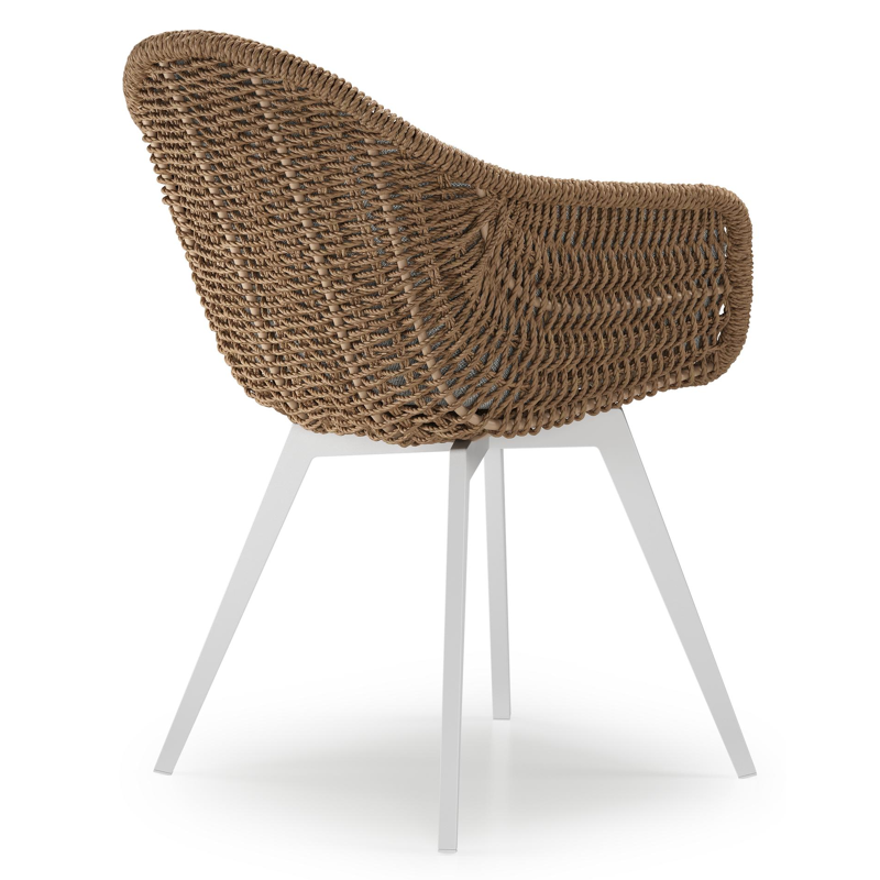 Pagino tuinstoel in wit aluminium en bruin ronde wicker met zitkussen in All Weather Sunbrella® Luxe Savane Nimbus