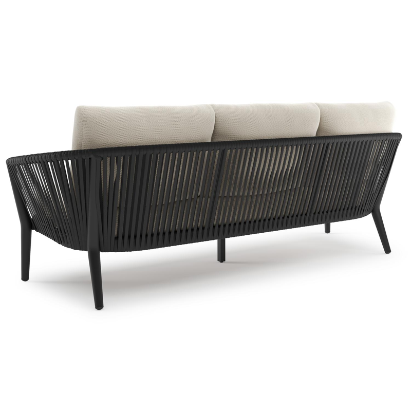 Orso loungeset in zwart aluminium en zwart verticaal geweven luxe vlakke rope met Lopi Marble all weather sunbrella® luxe kussen