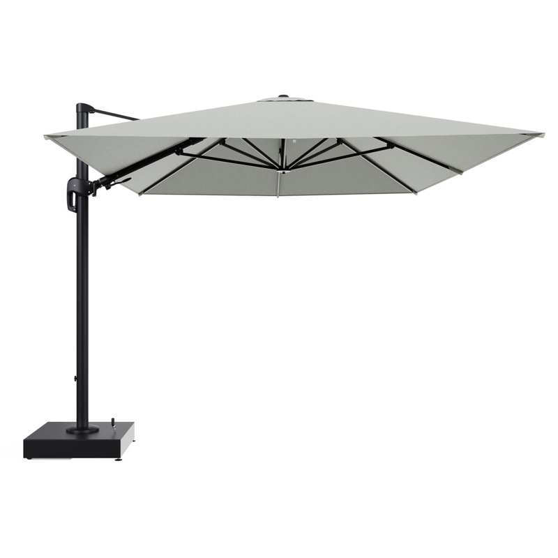 Rufina zweefparasol met tiltfunctie in zwart aluminium en Slow Spirea All Weather Sunbrella® Luxe parasoldoek - L1 400 x L2 300 cm met parasolvoet Minore 150 kg met wielen