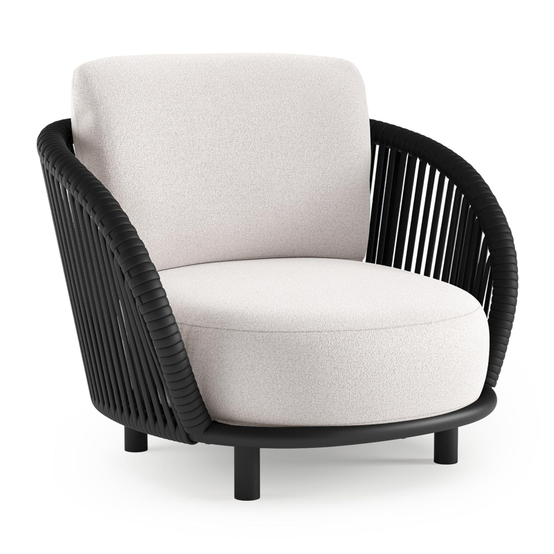 Lupino loungestoel in zwart aluminium en zwart verticaal geweven luxe vlakke brede rope met ego eggshell all weather solica kussen