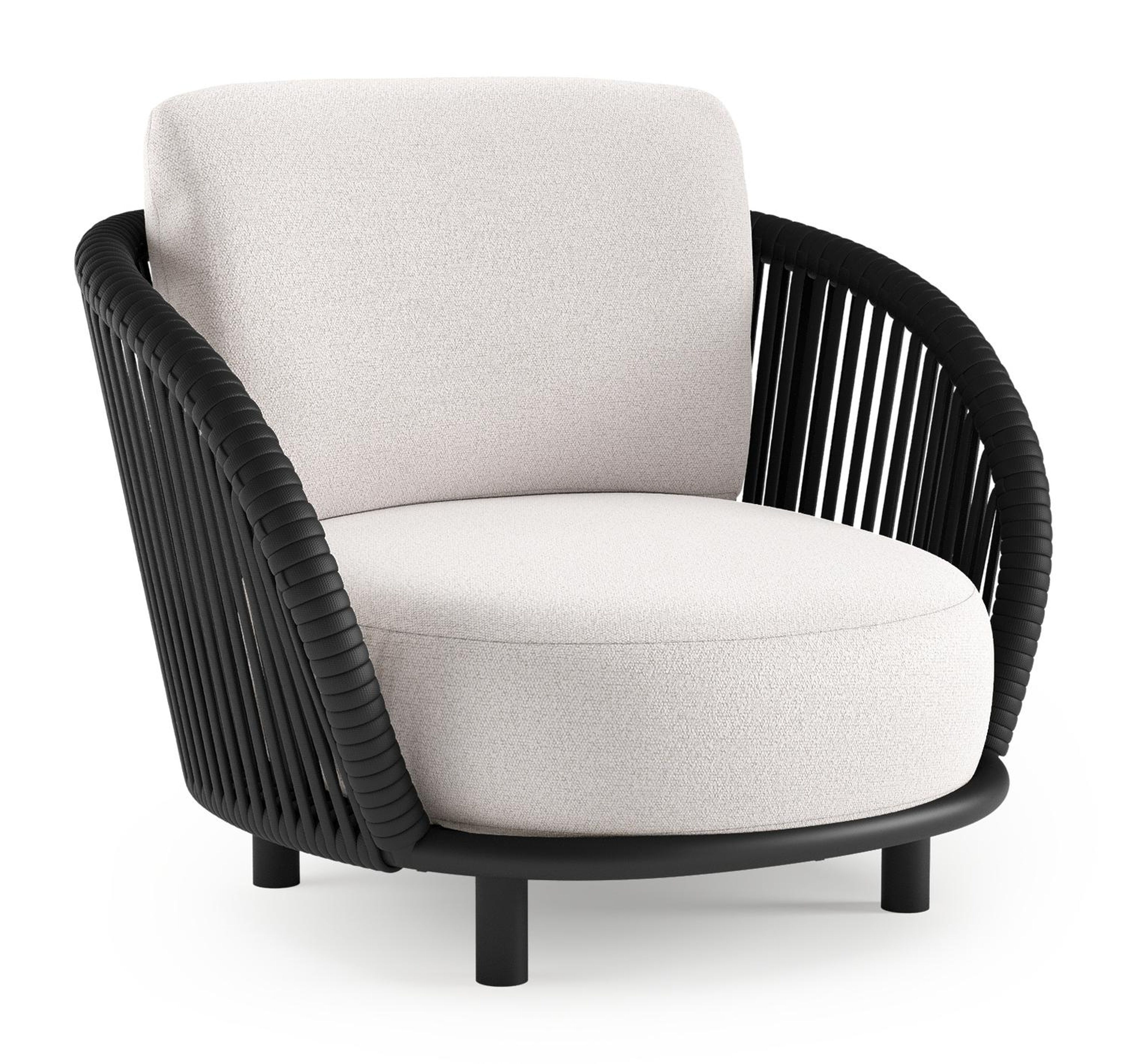 Lupino loungestoel in zwart aluminium en zwart verticaal geweven luxe vlakke brede rope met ego eggshell all weather solica kussen