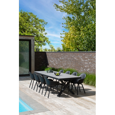 Reza tuinset in zwart aluminium en grijs volkeramiek tafelblad met 8 Puglia tuinstoelen