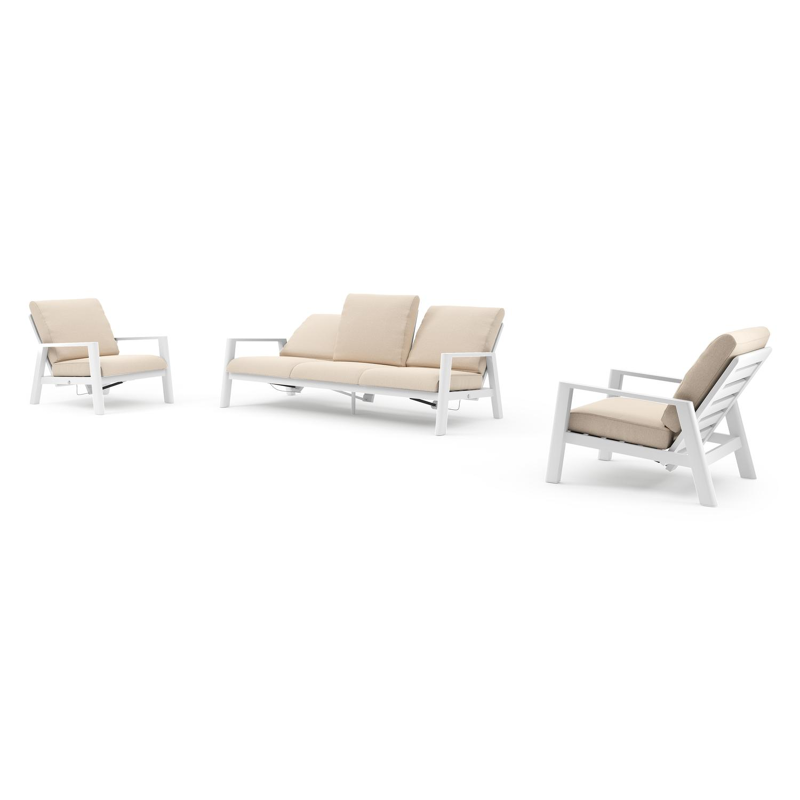 Salon de jardin Cirello en aluminium blanc et coussins en all weather sunbrella® luxe heritage papyrus