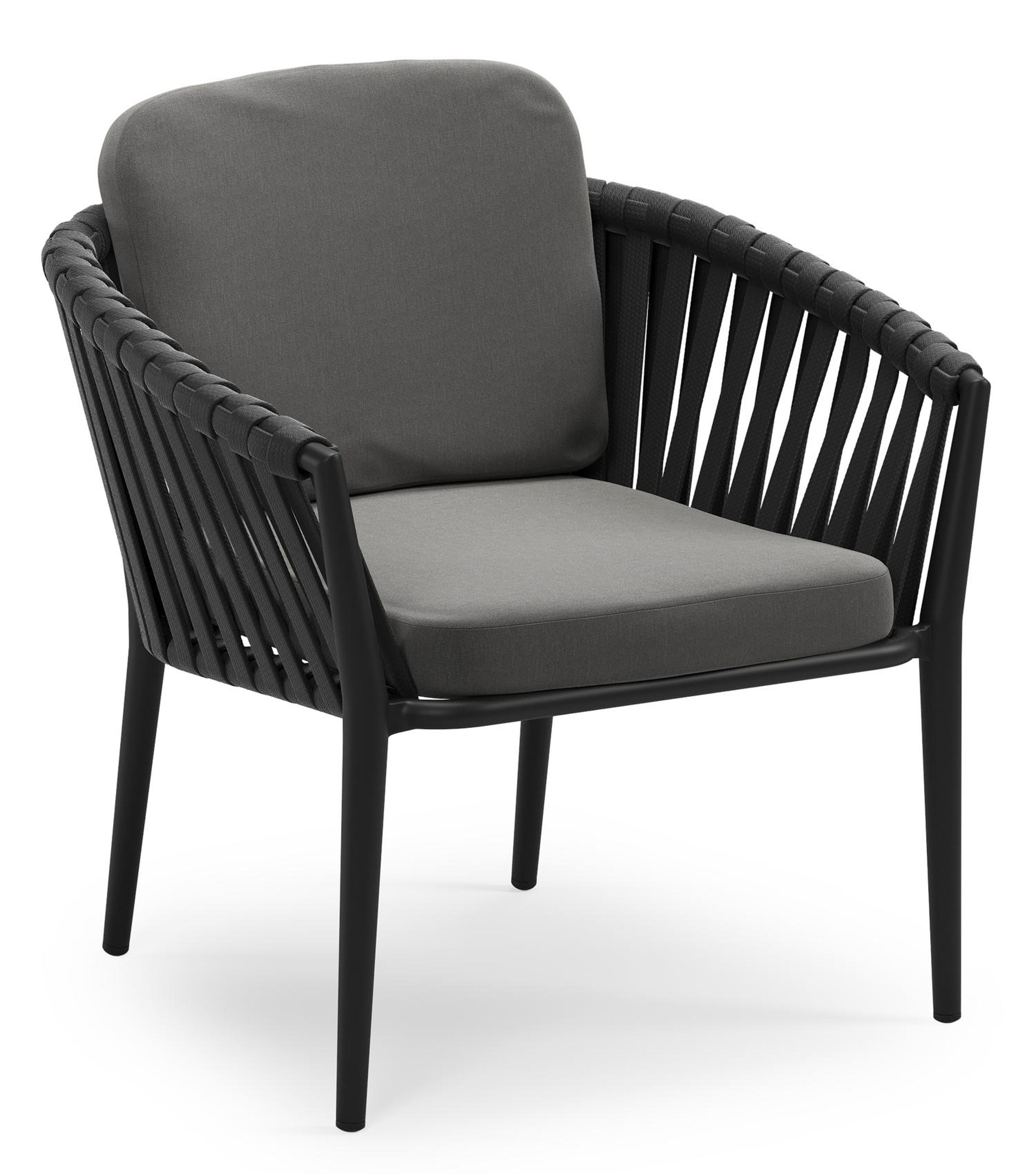 Orso low dining tuinstoel in zwart aluminium en zwart verticaal geweven luxe vlakke brede rope met stoelkussen in All Weather Sunbrella® Luxe Natte Charcoal Chine