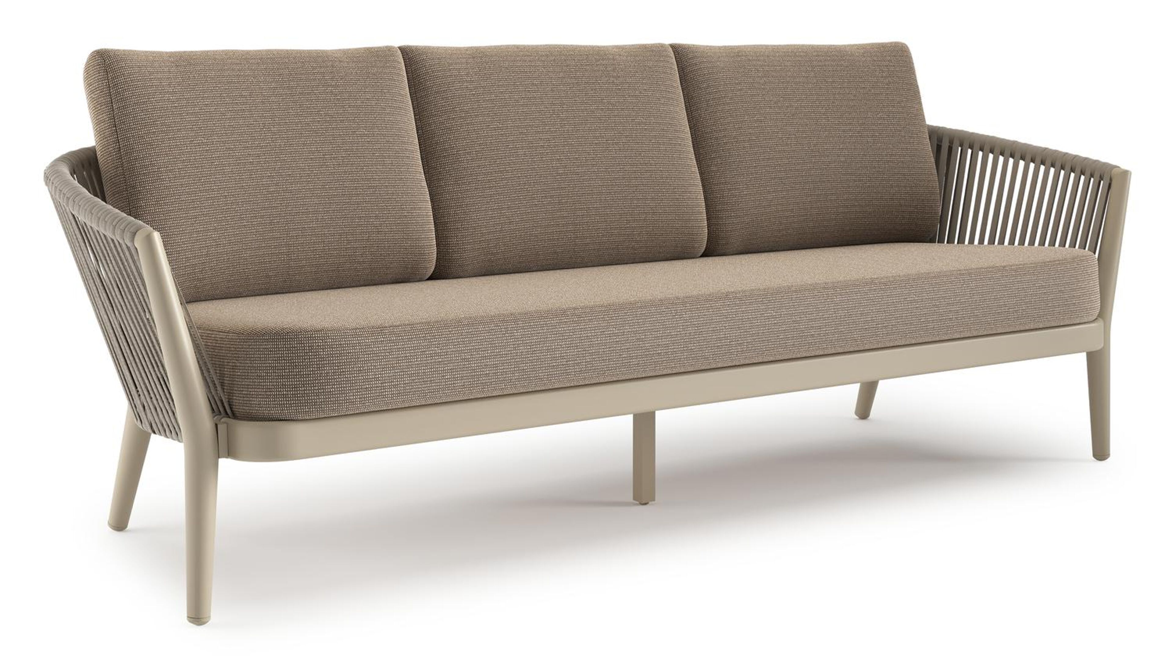 Orso loungebank in beige aluminium en beige verticaal geweven luxe vlakke rope met Firenze Earth all weather solica kussen