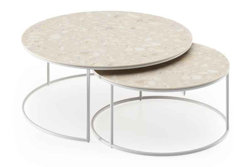 Fano loungetafels in wit aluminium en retrostone volkeramiek - Dia. 85/65 x H 35/30 cm