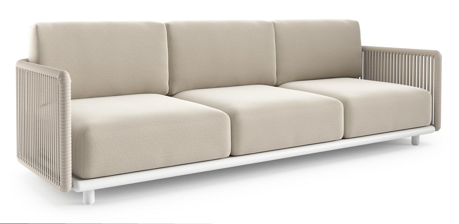 Organo loungebank 3-zit in wit aluminium en beige verticaal geweven luxe vlakke rope met lopi marble all weather sunbrella® luxe kussen