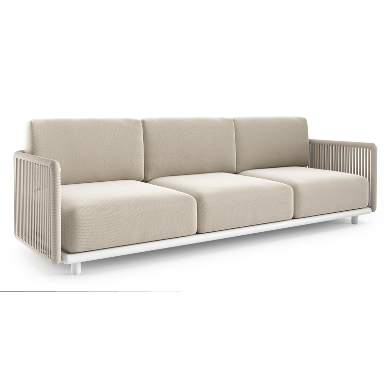 Organo loungebank 3-zit in wit aluminium en beige verticaal geweven luxe vlakke rope met lopi marble all weather sunbrella® luxe kussen