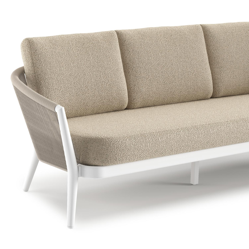 Canapé de jardin Orso en aluminium blanc en corde ronde tissée verticalement beige et coussins en all weather cosytica Bora Forest