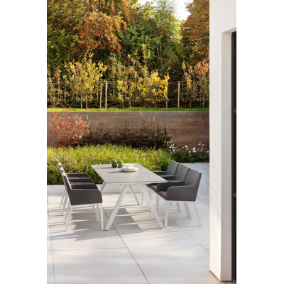 Puglia tuinset in wit aluminium en volkeramiek grijs tafelblad met 6 Rivo tuinstoelen