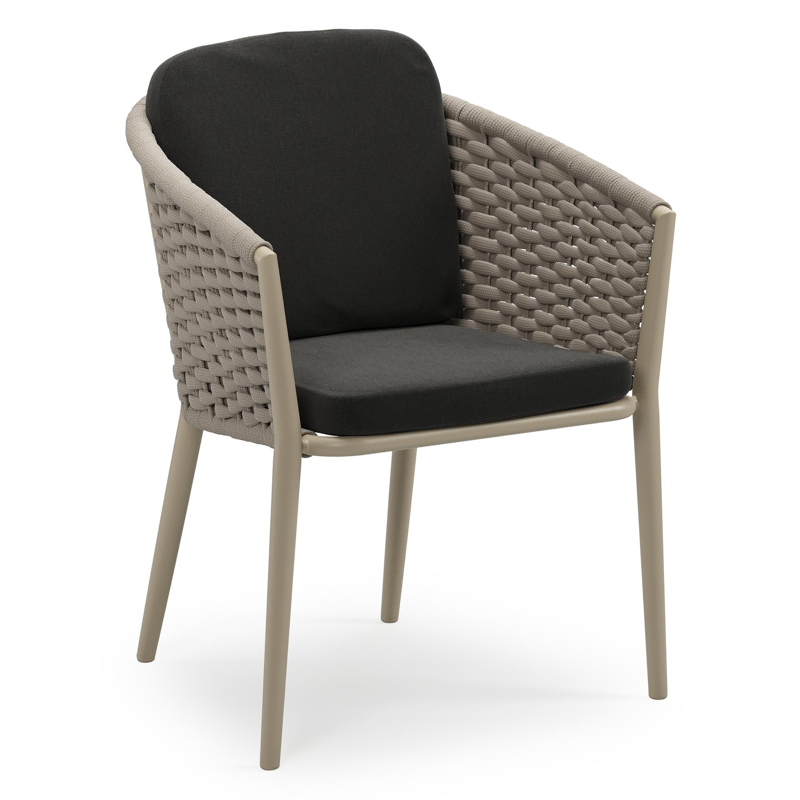 Chaise de jardin empilable Orso en aluminium beige et corde ronde tissée horizontalement beige avec coussin en All Weather Sunbrella® Luxe Natte Sooty