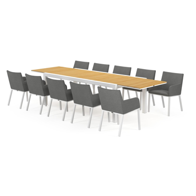 Calobra tuinset met verlengbare tafel in wit aluminium en naturel teak tafelblad met 10 Rivo tuinstoelen