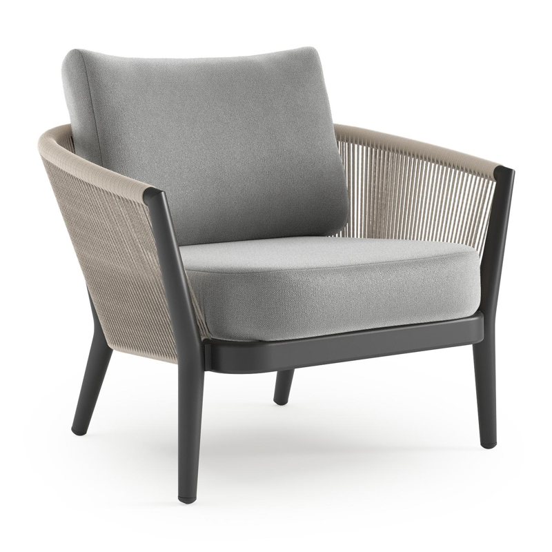 Orso loungestoel in zwart aluminium en beige verticaal geweven ronde rope met Savane Grey all weather sunbrella® luxe kussen