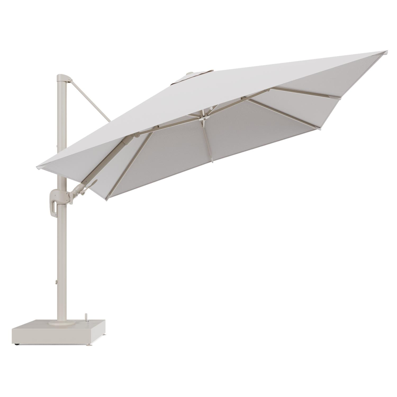 Rufina zweefparasol met tiltfunctie in beige aluminium en Ego Eggshell All Weather Solica parasoldoek - L1 300 x L2 300 cm met parasolvoet Minore 150 kg met wielen