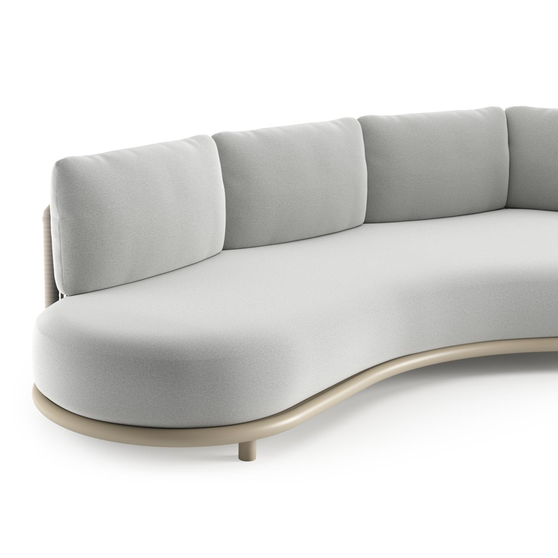 Canapé de jardin Lomano en aluminium beige et corde luxe plate tissée verticalement beige et coussins en all weather sunbrella® luxe natte grey chine