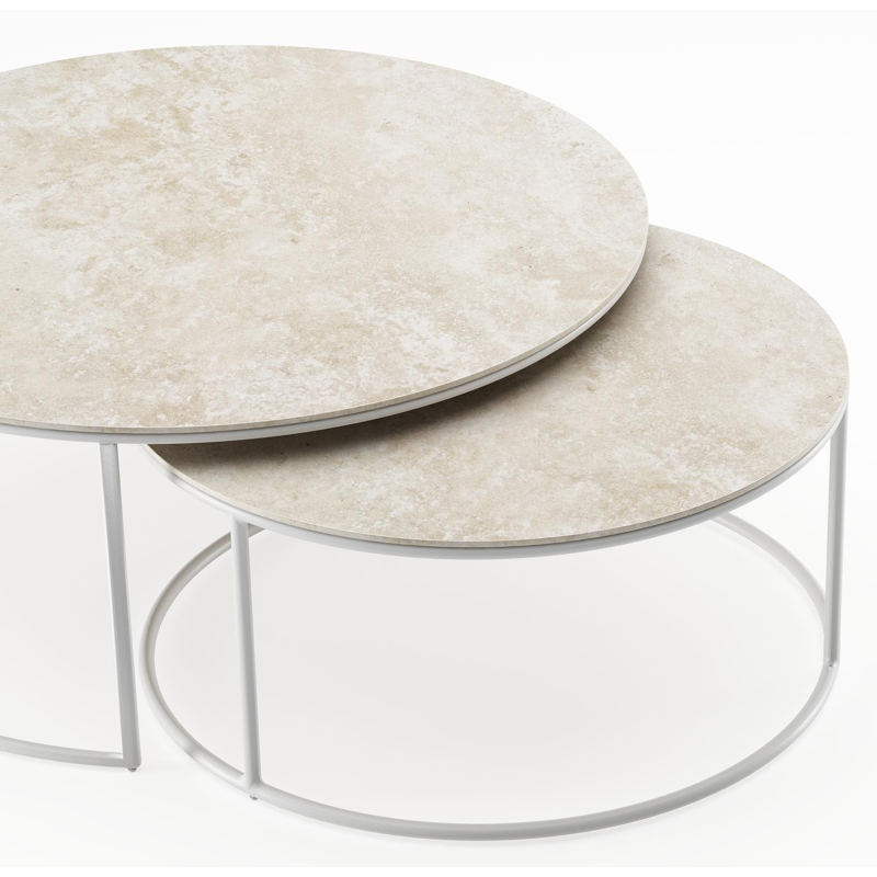 Ensemble de 2 tables basses Fano ronde en aluminium blanc et céramique pleine Rapolano - Diam. 85/65 x Haut. 35/30 cm