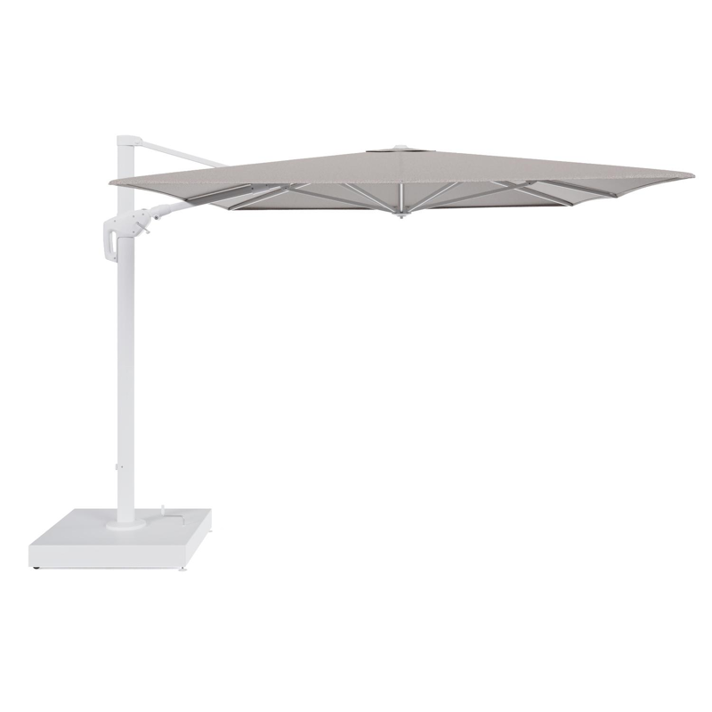 Minore zweefparasol met tiltfunctie in wit aluminium en Wander Granite All Weather Sunbrella® Luxe parasoldoek - L1 400 x L2 300 cm met parasolvoet Minore 260 kg met wielen