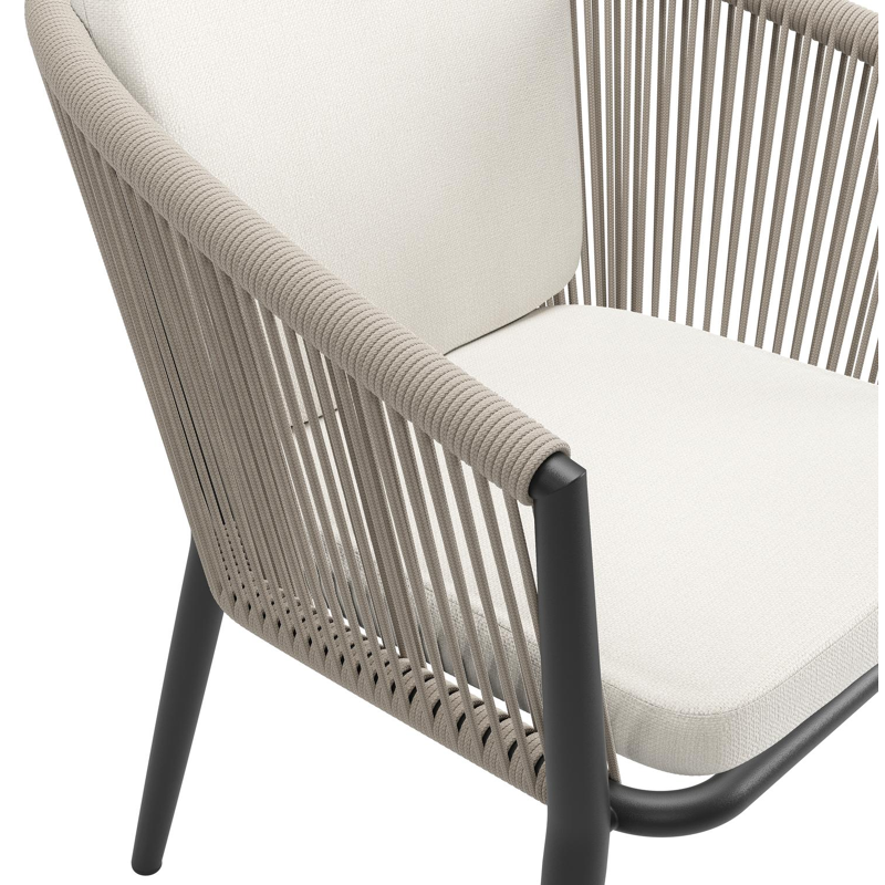 Orso tuinstoel in zwart aluminium en beige verticaal geweven ronde rope met zitkussen in All Weather Sunbrella® Luxe Savane White