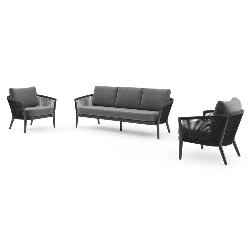Orso loungeset in zwart aluminium en zwart verticaal geweven ronde rope met Catania Black all weather cosytica kussen