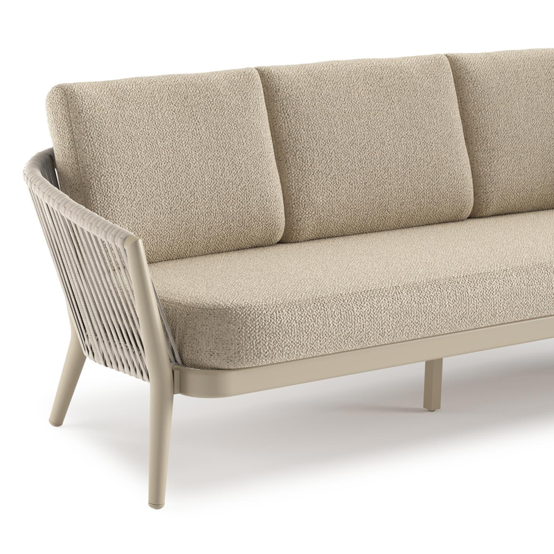 Orso loungeset in beige aluminium en beige verticaal geweven luxe vlakke rope met Bora Forest all weather cosytica kussen