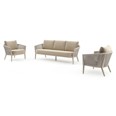 Orso loungeset in beige aluminium en beige verticaal geweven ronde rope met Althea Camel all weather cosytica kussen