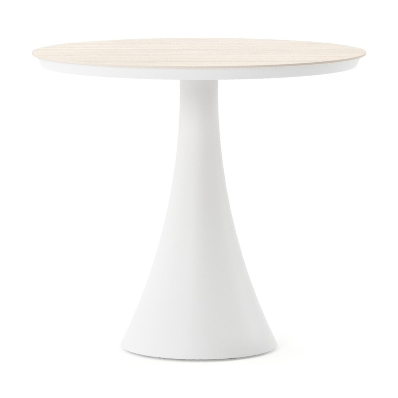 Table de jardin Fano ronde en aluminium blanc et céramique pleine Travertino Bianco - Diam. 85 x Haut. 74 cm