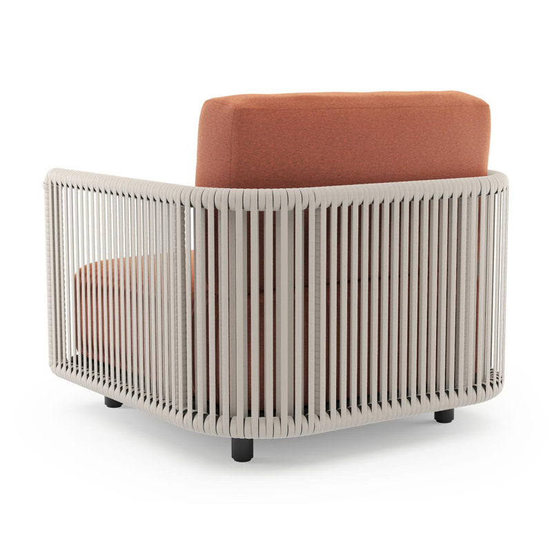 Organo loungestoel in zwart aluminium en beige verticaal geweven luxe vlakke rope met heritage rust all weather Sunbrella® luxe kussen