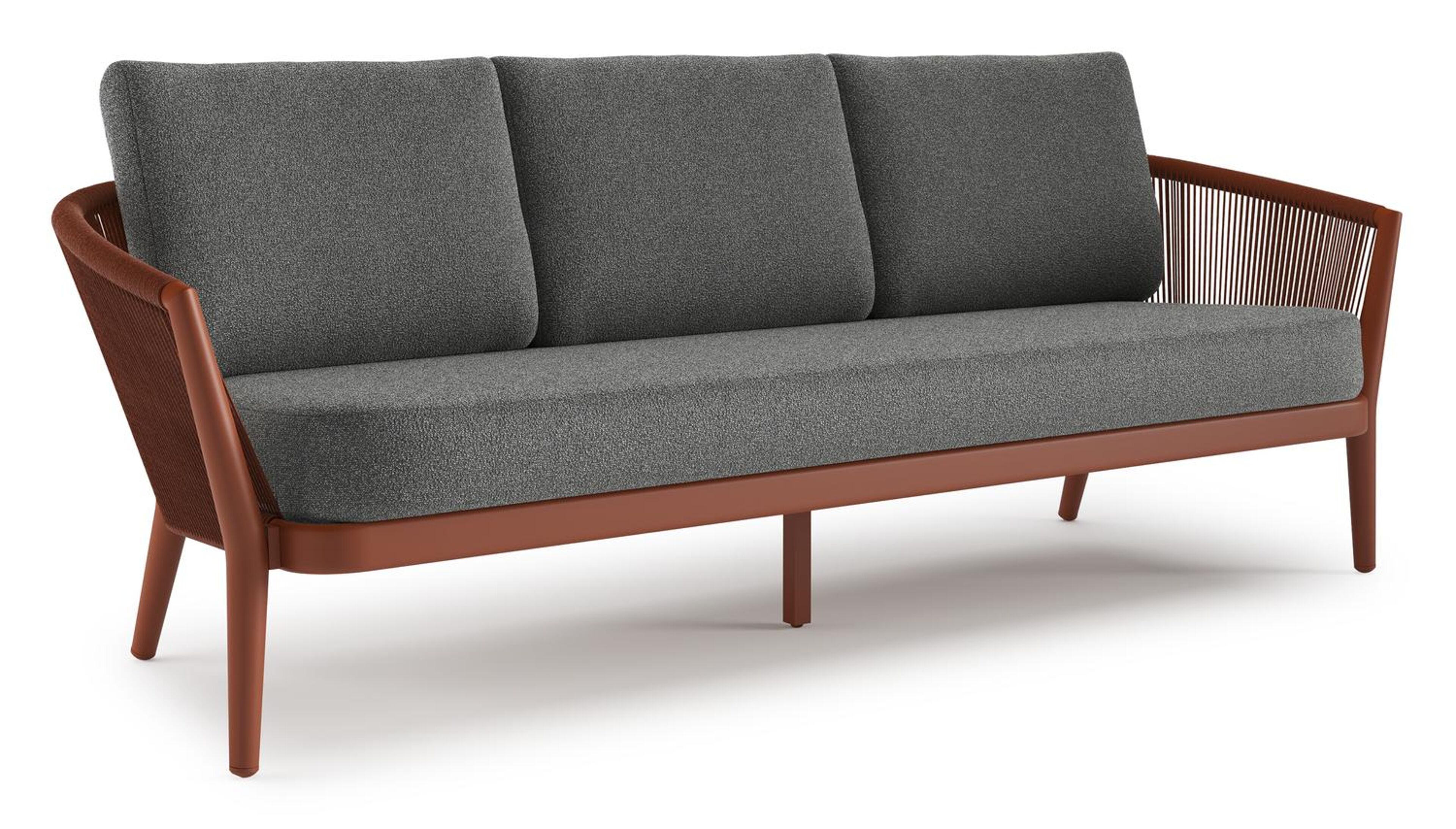 Orso loungebank in roestbruin aluminium en roestbruin verticaal geweven ronde rope met Catania Black all weather cosytica kussen