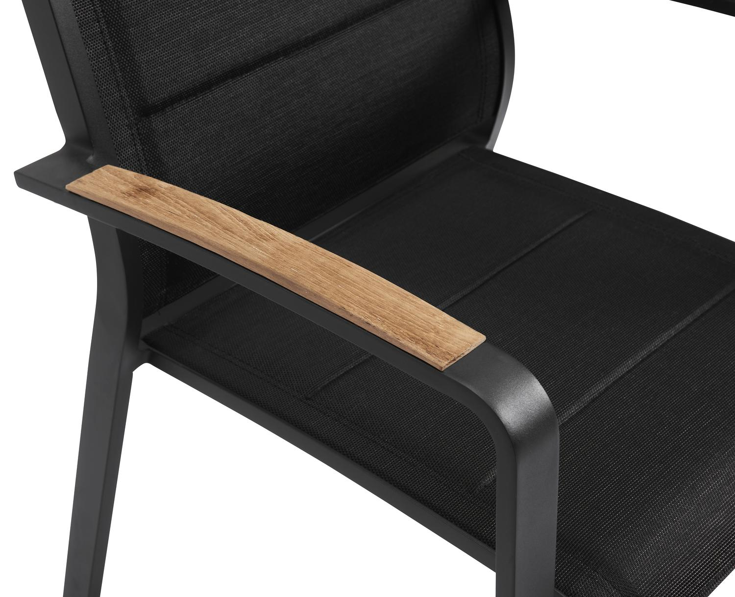 Lioni stapelbare tuinstoel in zwart aluminium en zwart comfort textilene en teak armleuning