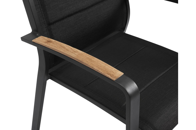 Chaise de jardin empilable Lioni in aluminium noir et textilène confort noir et accoudoir en teck armleuning