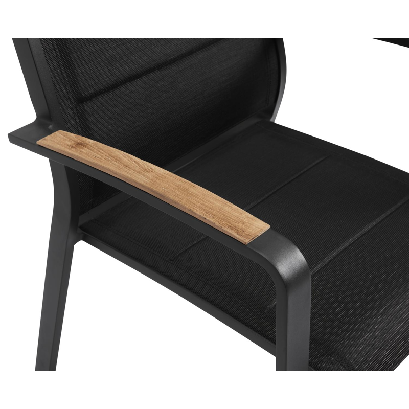Lioni stapelbare tuinstoel in zwart aluminium en zwart comfort textilene en teak armleuning
