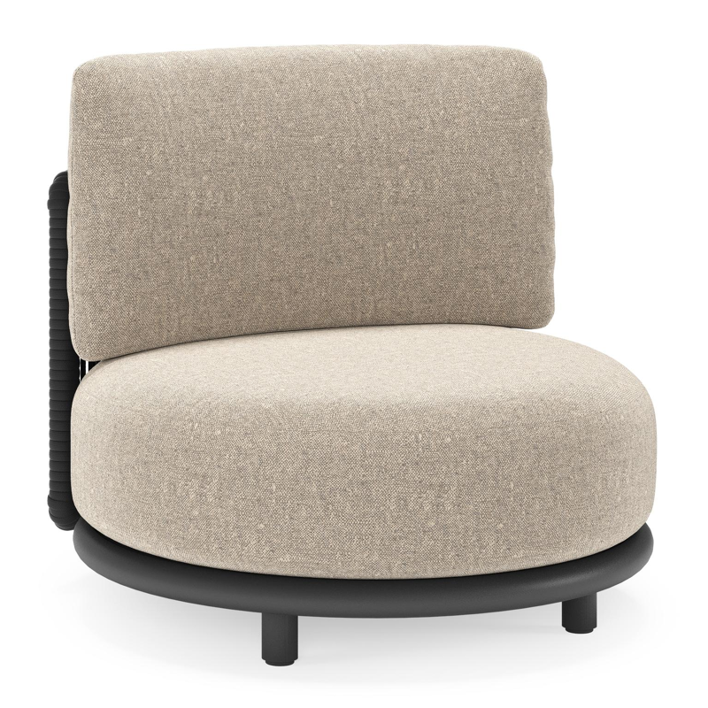 Lomano loungestoel in zwart aluminium en beige verticaal geweven luxe vlakke rope met chartres pewter all weather sunbrella® luxe kussen