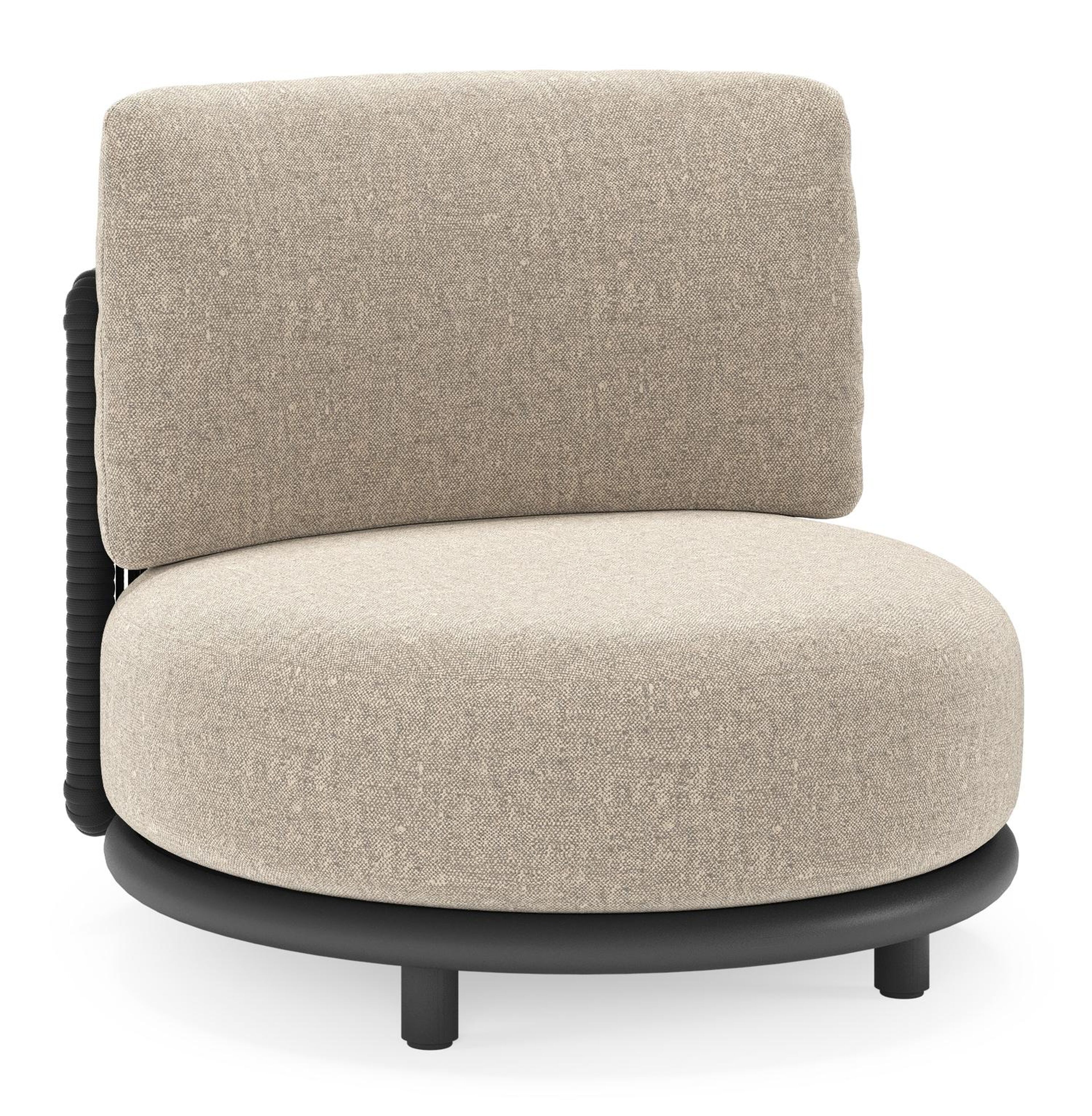 Lomano loungestoel in zwart aluminium en beige verticaal geweven luxe vlakke rope met chartres pewter all weather sunbrella® luxe kussen