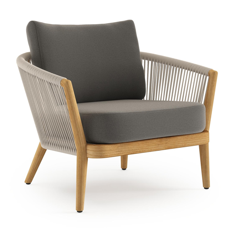 Orso loungestoel in teak en beige verticaal geweven ronde rope met Natte Dark Taupe all weather sunbrella® luxe kussen