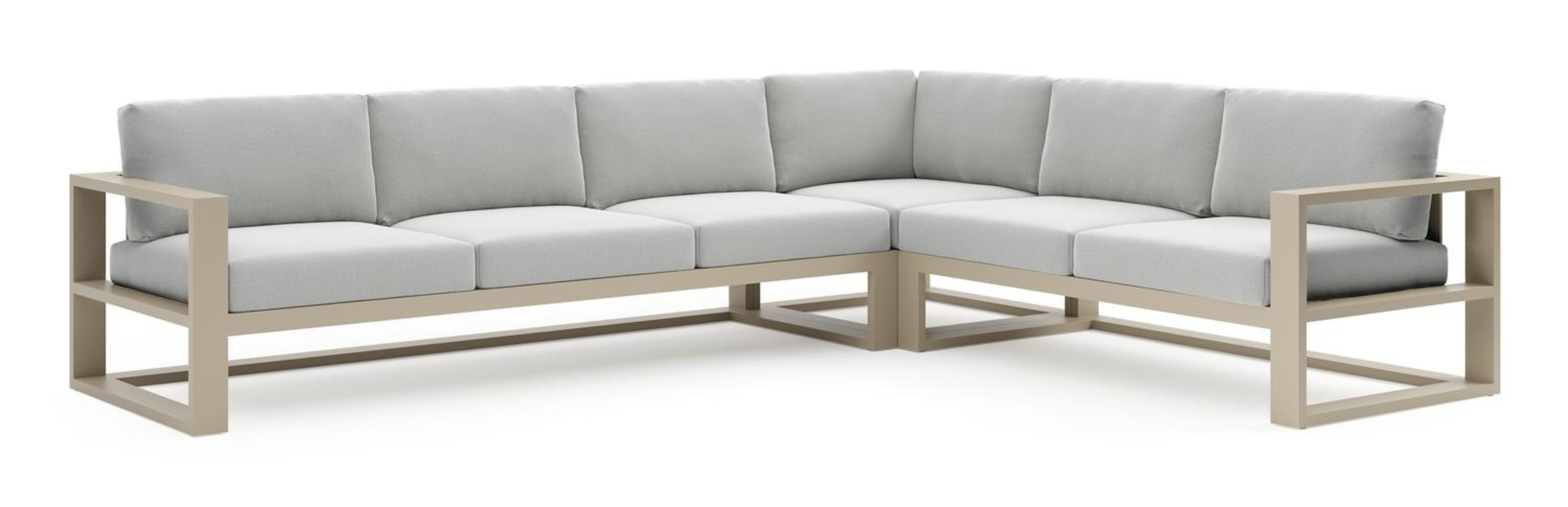 Salon de jardin d'angle Verato en aluminium beige et coussins en all weather sunbrella® luxe natte grey chine