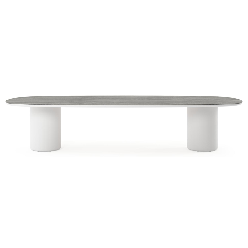 Amico low dining tuintafel bombo in wit aluminium en volkeramiek Aspen Grey - L 320 x B 130 x H 61 cm