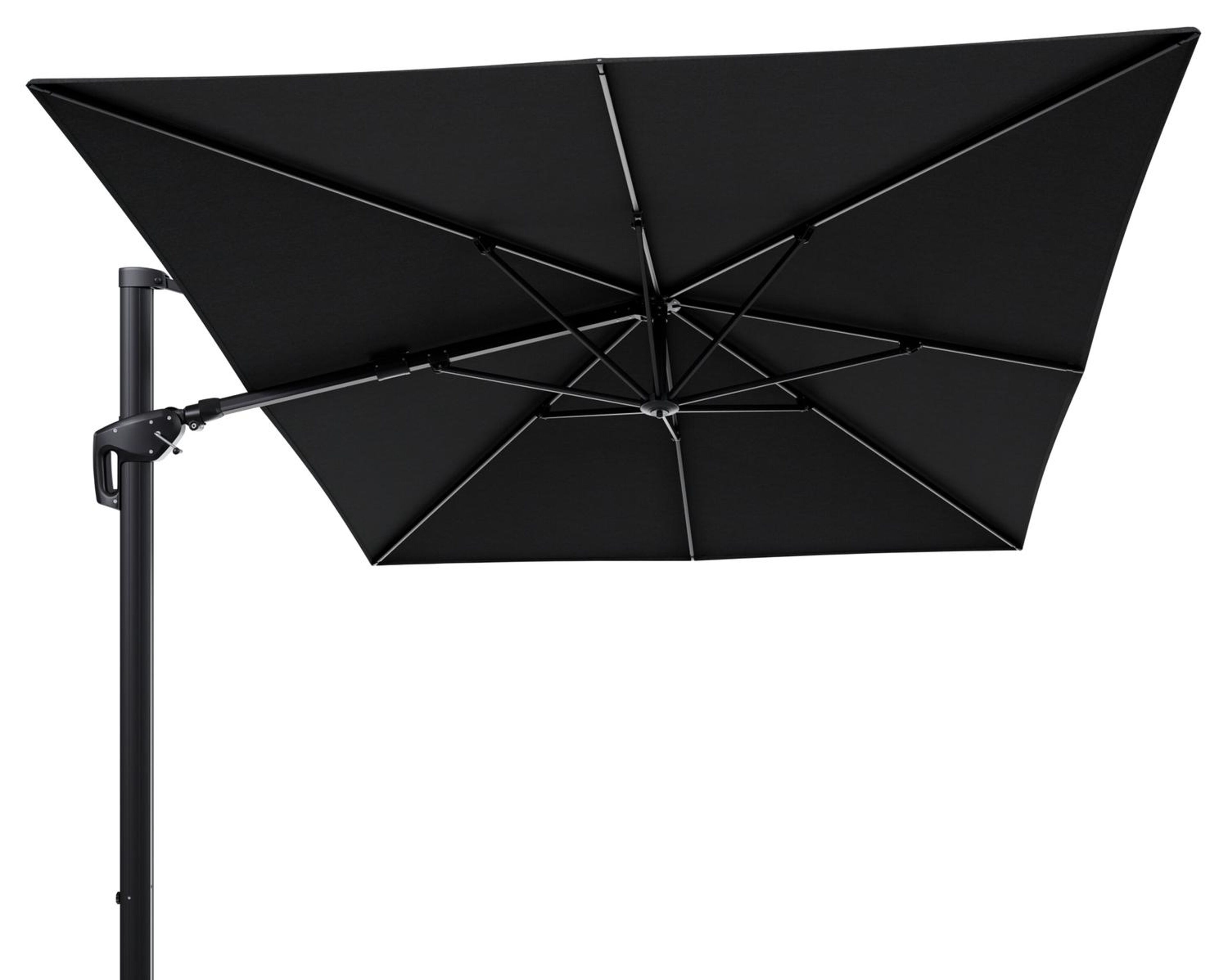Minore zweefparasol tiltfunctie in zwart aluminium en parasoldoek in All Weather Sunbrella® Luxe Chartres Sooty  - L1 400 x L2 300 cm (zonder voet)