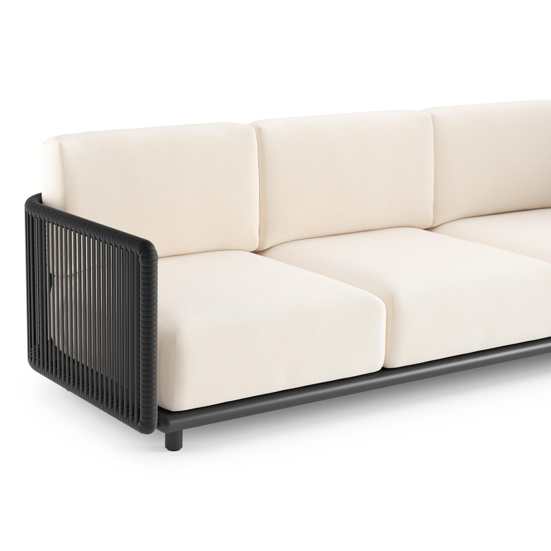 Organo loungehoek in zwart aluminium en zwart verticaal geweven luxe vlakke rope met lopi snow all weather Sunbrella® luxe kussen