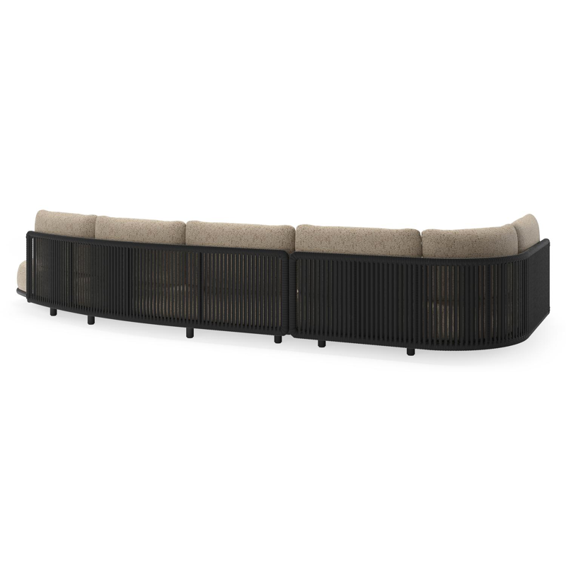 Salon de jardin d'angle Lomano en aluminium noir et corde luxe plate tissée verticalement noir et coussins en all weather cosytica bora jungle