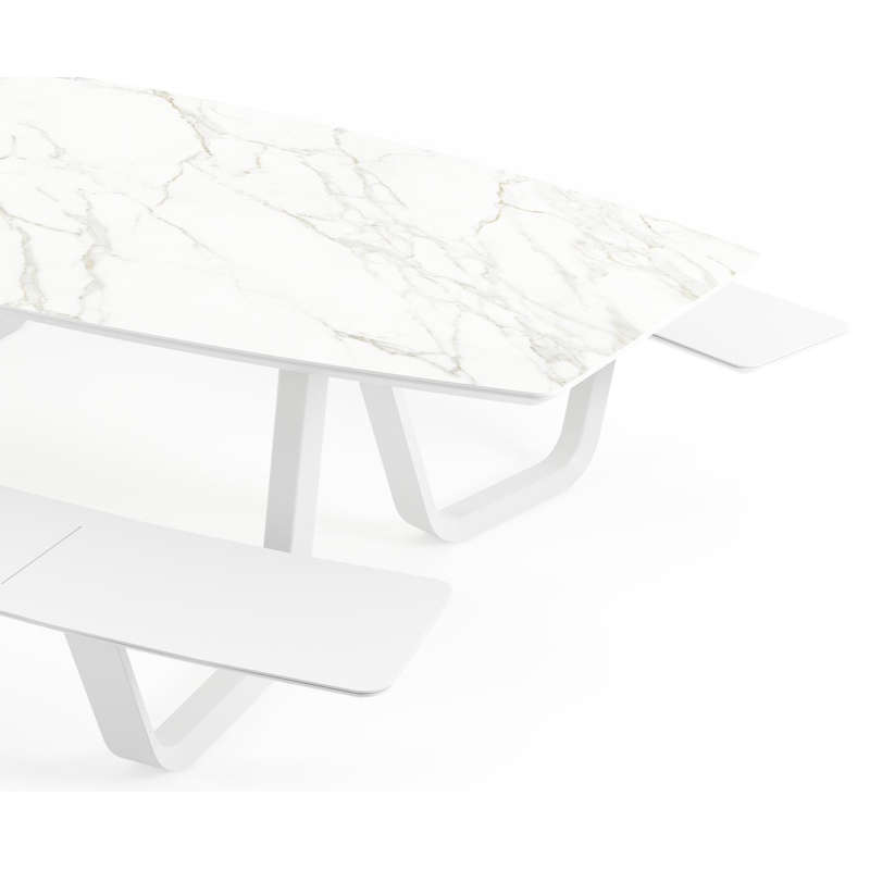Forno picknicktafel bootvorm in wit aluminium en volkeramiek calacatta tafelblad - L 280 x B 192 x H 72 cm