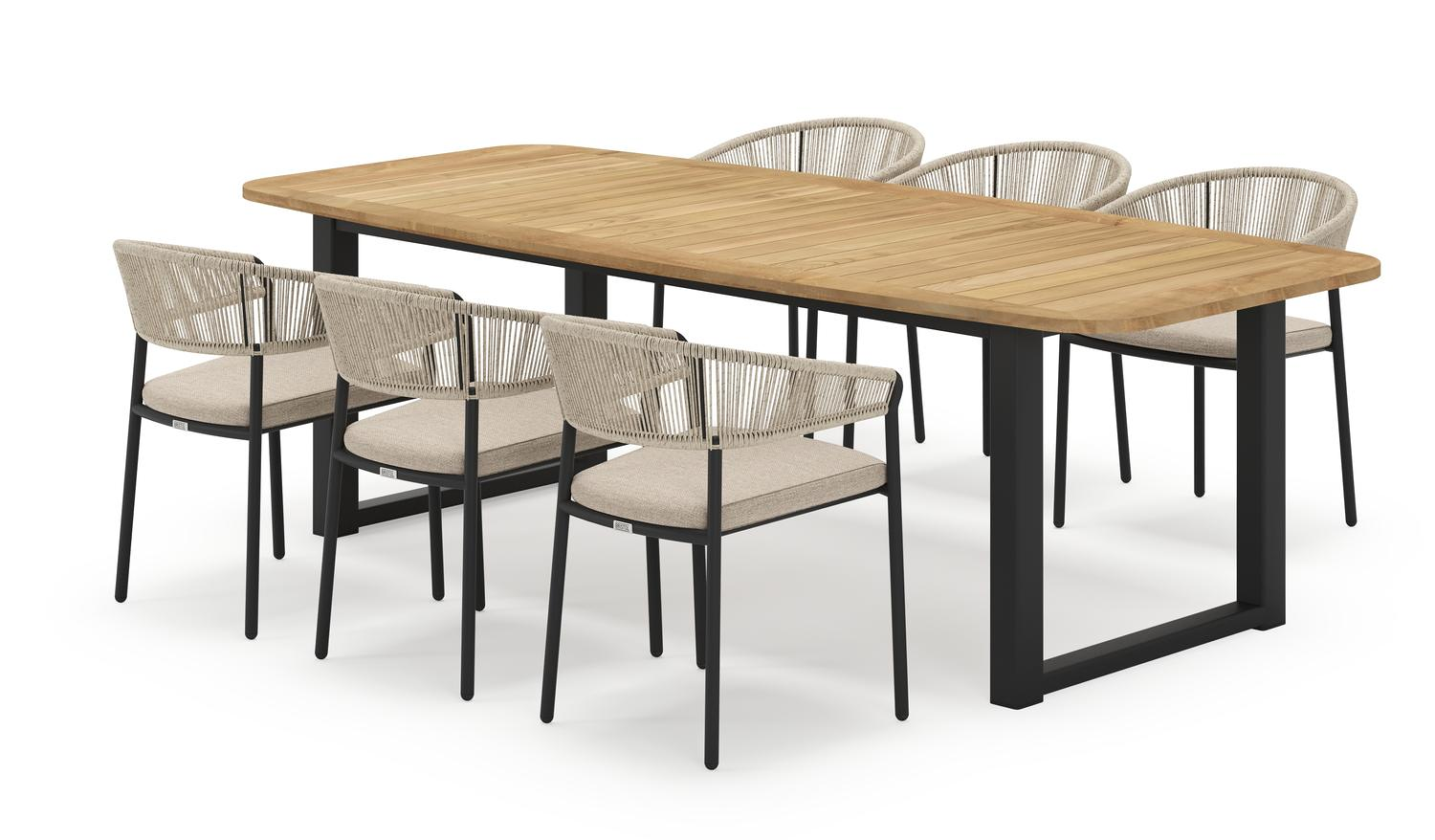 Livo bootvormige tuinset in zwart aluminium en teak natural finish met 6 Zamora tuinstoelen