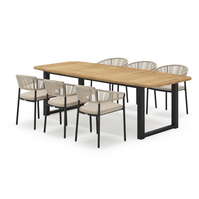 Livo ensemble de jardin forme de bateau en aluminium noir en teck natural finish avec 6 chaises de jardin Zamora