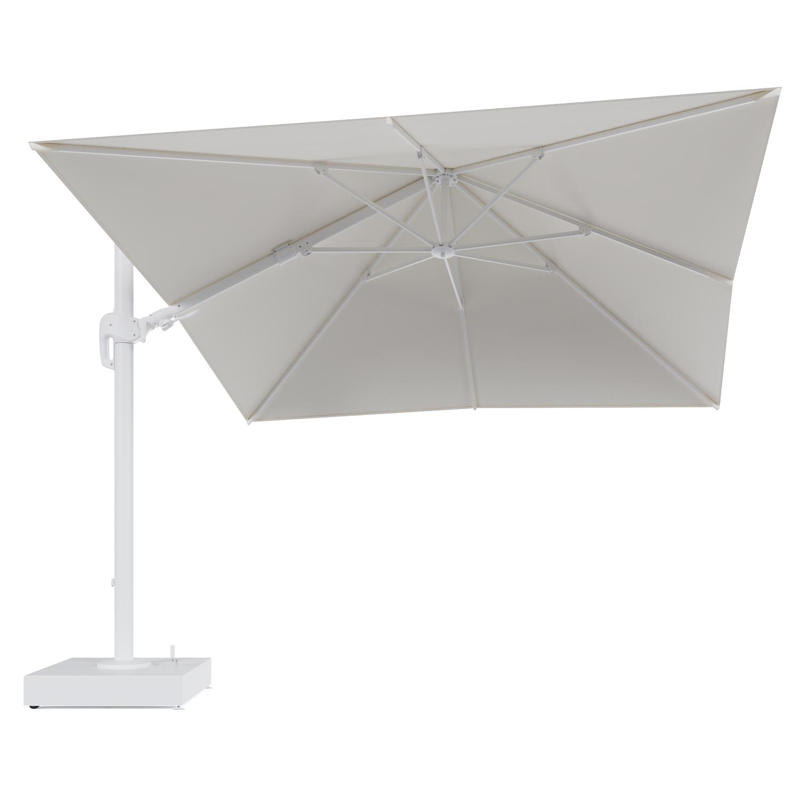 Rufina zweefparasol met tiltfunctie in wit aluminium en Natte White All Weather Sunbrella® Luxe parasoldoek - L1 300 x L2 300 cm met parasolvoet Minore 150 kg met wielen